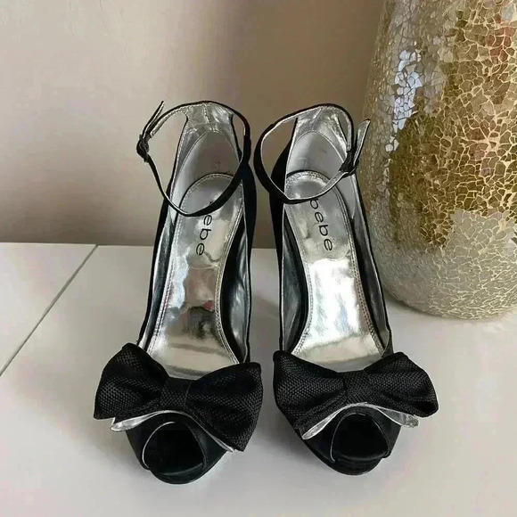 Bebe Hollace‎ Black Peep Toe Heels Size 7 - Picture 6 of 13